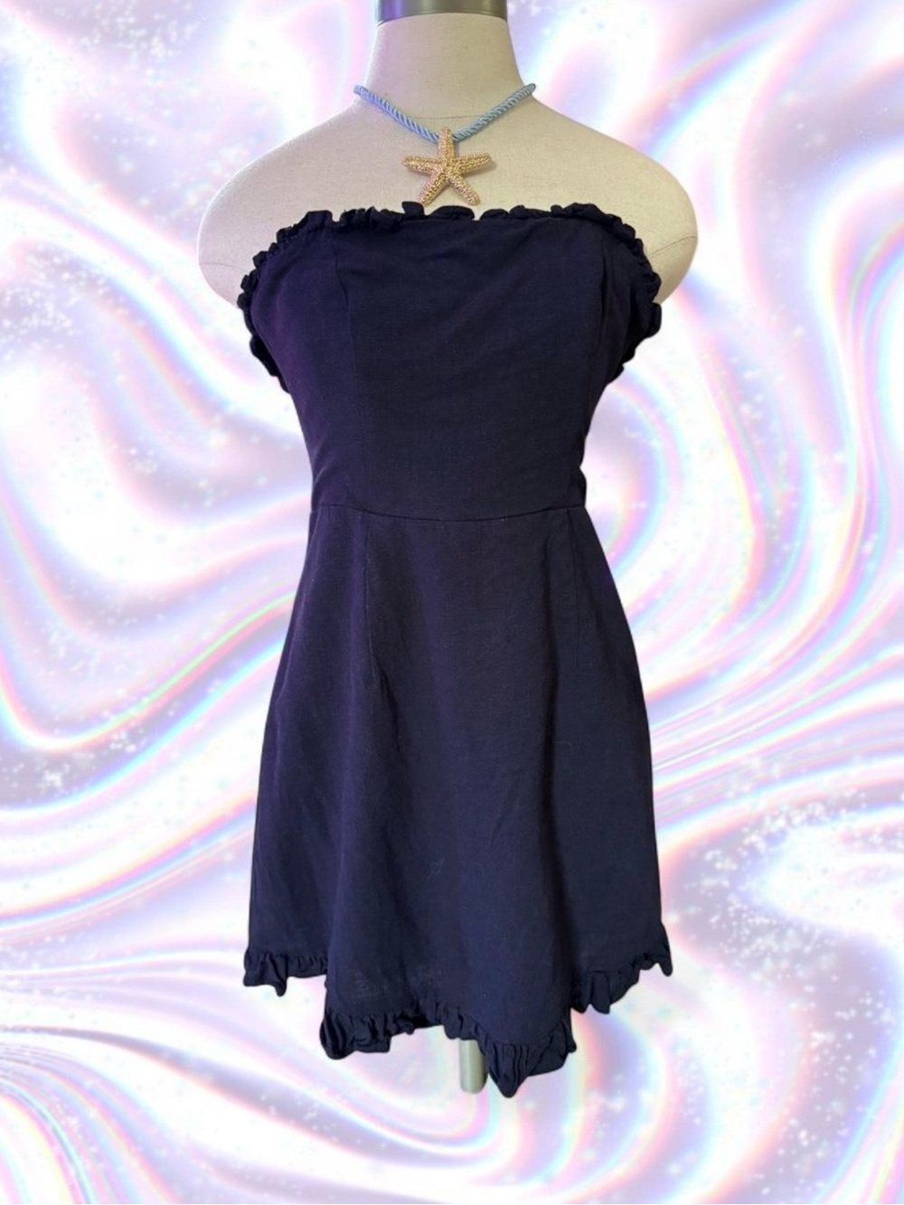 Selfie Leslie Strapless Navy Ruffle Hem Dress